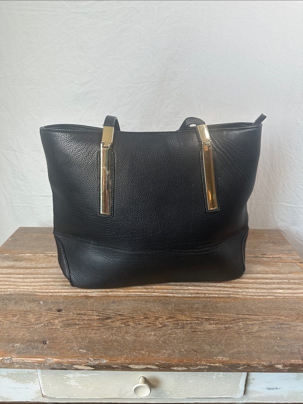 Miztique Black Leather Tote with Gold Accents